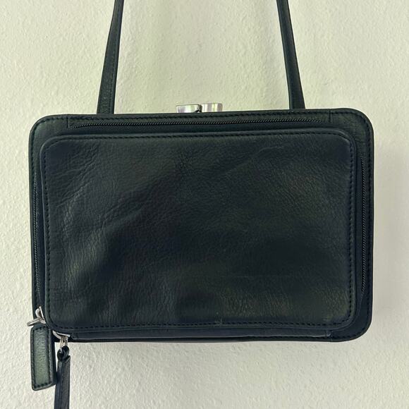 Vintage fossil leather crossbody pockets multi compartment Y2K minimalist black - Picture 8 of 16
